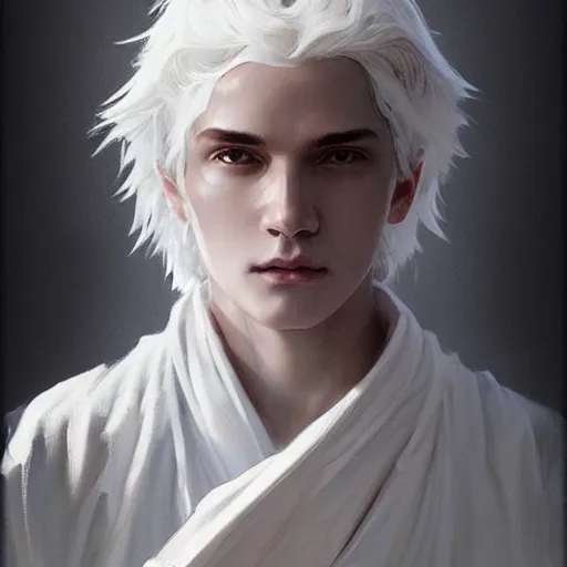 Prompt: white haired teen boy, white daoist robes, digital painting, highly detailed, full body, d&d, artstation, artgem, by greg rutkowski and alphonse mucha