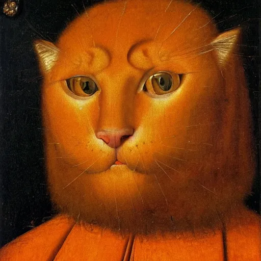 Image similar to portrait of a king with an orange cats head for a head, oil painting by jan van eyck, northern renaissance art, oil on canvas, wet - on - wet technique, realistic, expressive emotions, intricate textures, illusionistic detail