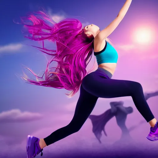 Image similar to a award winning half body shot of a beautiful woman in a croptop and leggings with a ombre purple pink teal hairstyle with head in motion and hair flying, outrun, vaporware, highly detailed, fine detail, intricate