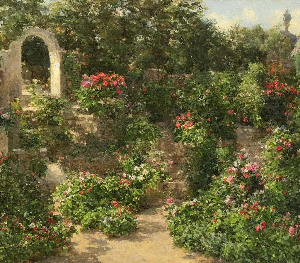 Image similar to Small garden with hedges, center fountain. Paving stones. Vegetable garden, some flowers. history painting, artificial sun light, peaceful tiny walled garden, artstation, oil on canvas, by Albert Aublet, Private Collection