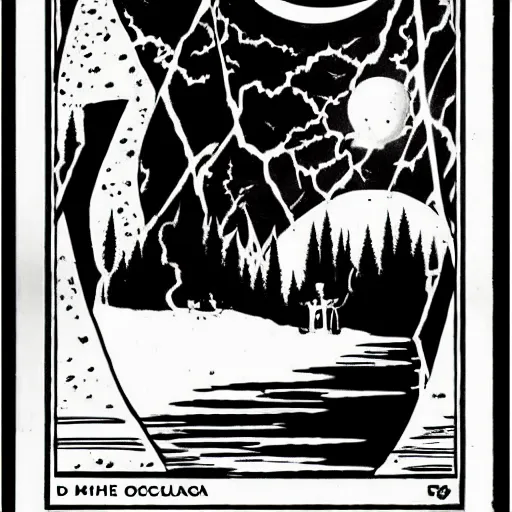 Image similar to A pitch black lake, reflecting the moon. Dark Fantasy, Film Noir, Black and White. High Contrast, Mike Mignola, D&D, OSR