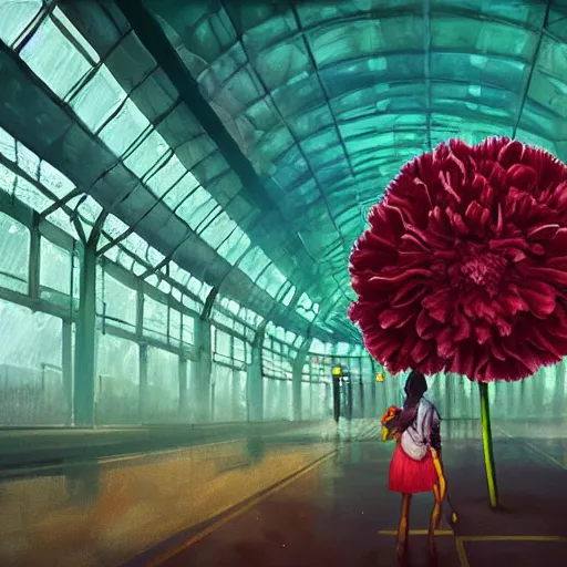 Image similar to giant carnation flower head, woman in metro station, surreal photography, dramatic light, impressionist painting, digital painting, artstation, simon stalenhag