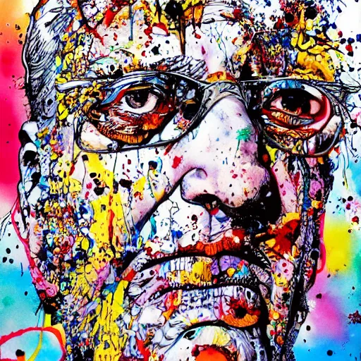 Prompt: the American dream, Ralph Steadman, ink splatter, psychedelic, surreal, detailed, 4k