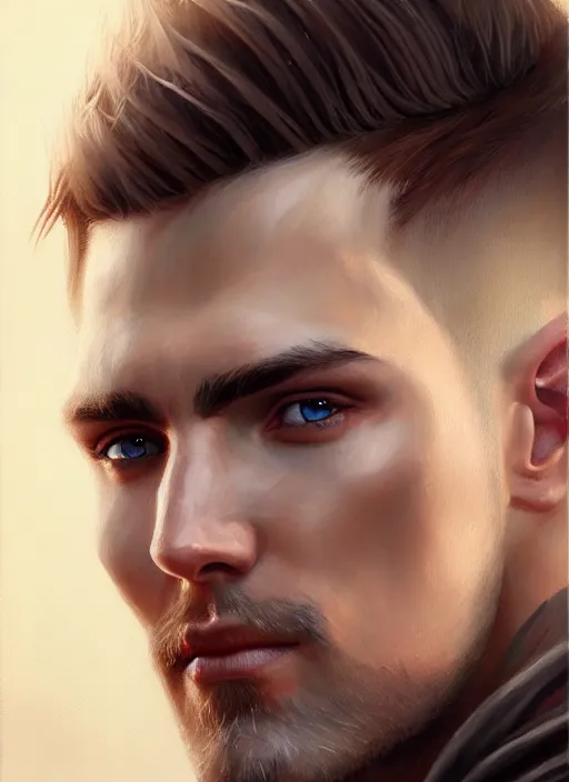 Prompt: a _ fantasy _ style _ portrait _ painting _ of male, medium dark blonde hair side part and blonde stubble, white, rpg dnd oil _ painting _ unreal _ 5 _ daz. _ rpg _ portrait _ extremely _ detailed _ artgerm _ greg _ rutkowski _ greg