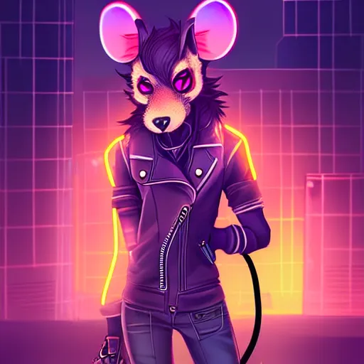 Image similar to beautiful furry digital art portrait commission of an androgynous furry anthro rat fursona wearing punk clothes in the streets of a cyberpunk city. neon signs. character design by charlie bowater, ross tran, artgerm, and makoto shinkai