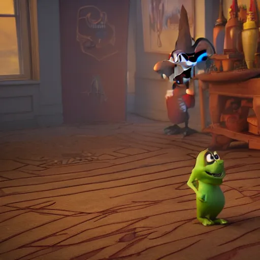 Image similar to satanic pixar movie disney nightmare horror psychopath schizophrenia unreal engine 5 volumetric lighting scary creepy haunting disney pixar 3 d