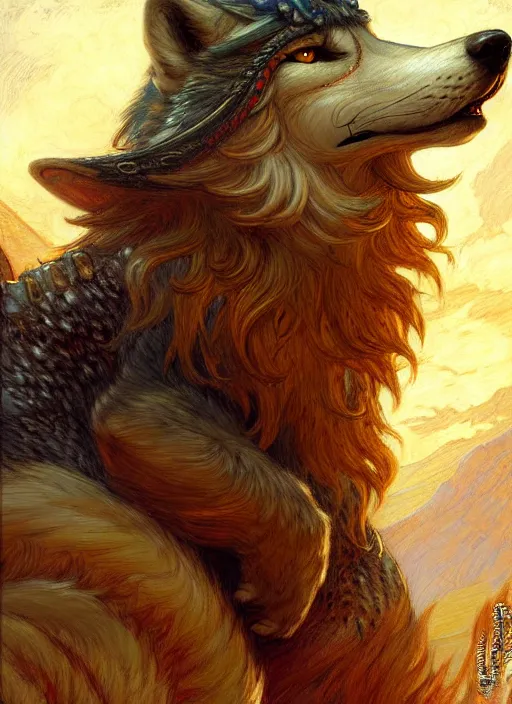 Image similar to artstation, intricate details, hyper details, by gaston bussiere and sandro botticelli, cute anthropomorphic wolf husband, furry