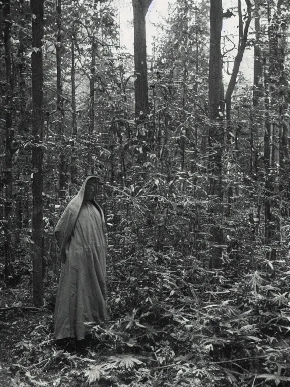 Image similar to hooded figure in cannabis forest, ww1 photo, grainy, high detail, high resolution,