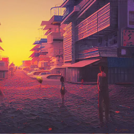 Prompt: the sun is setting over a beach town in japan, cyberpunk art by alena aenami, featured on deviantart, digital art, matte drawing, matte painting, speedpainting