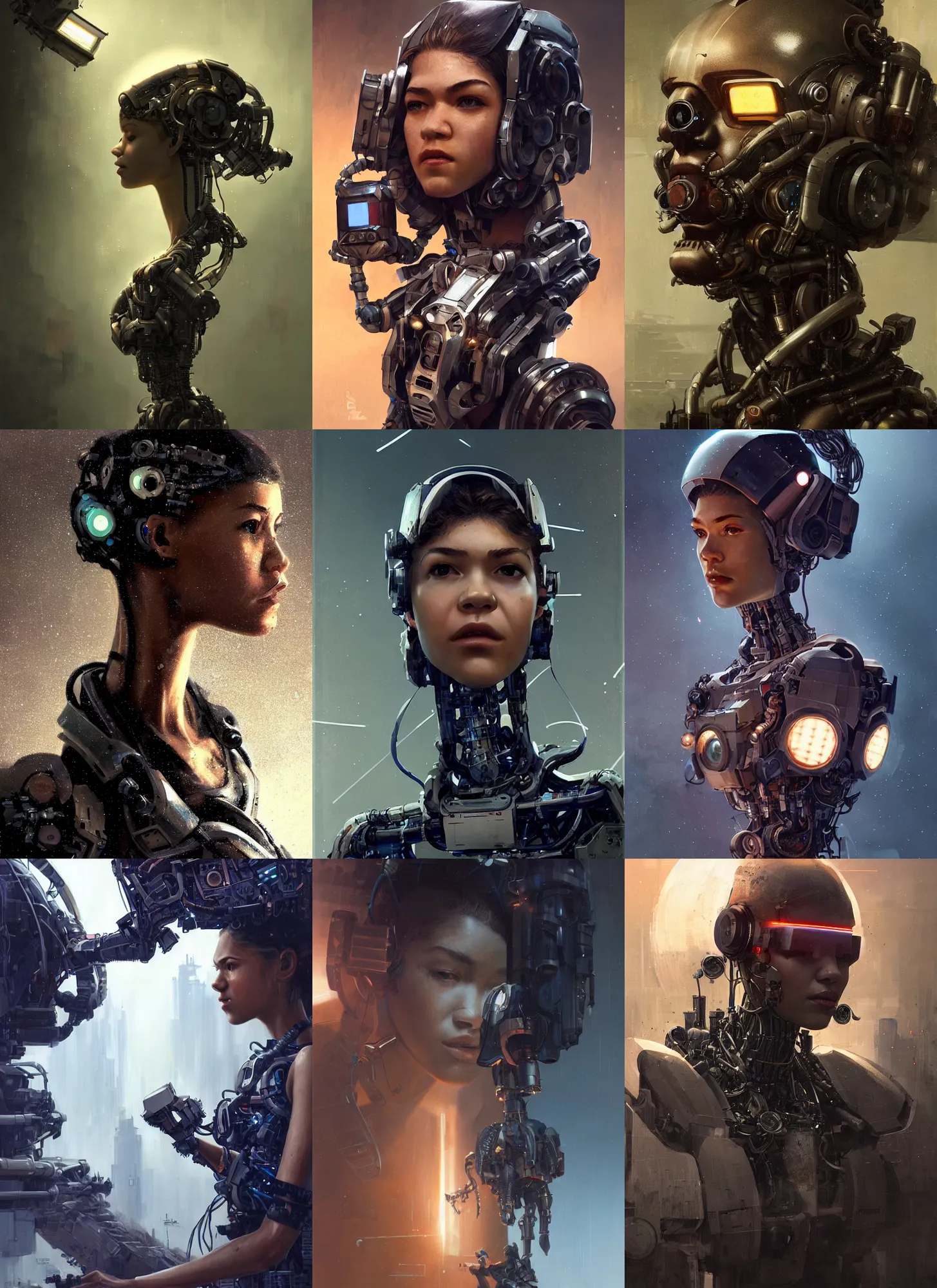 Prompt: a rugged engineer zendaya girl with cybernetic enhancements working assembling a satellite, scifi character portrait by greg rutkowski, esuthio, craig mullins, 1 / 4 headshot, cinematic lighting, dystopian scifi gear, gloomy, profile picture, mechanical, half robot, implants, steampunk