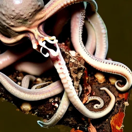 Image similar to an octopus hiding inside a decaying human skeleton, detailed nature photograph