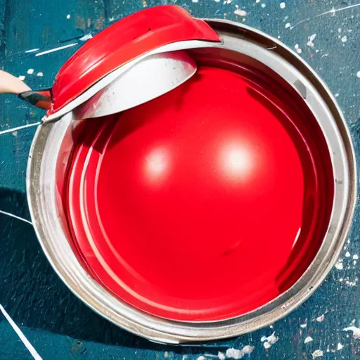 Image similar to dropping a ball into an open tin of red paint splashing advertising photo