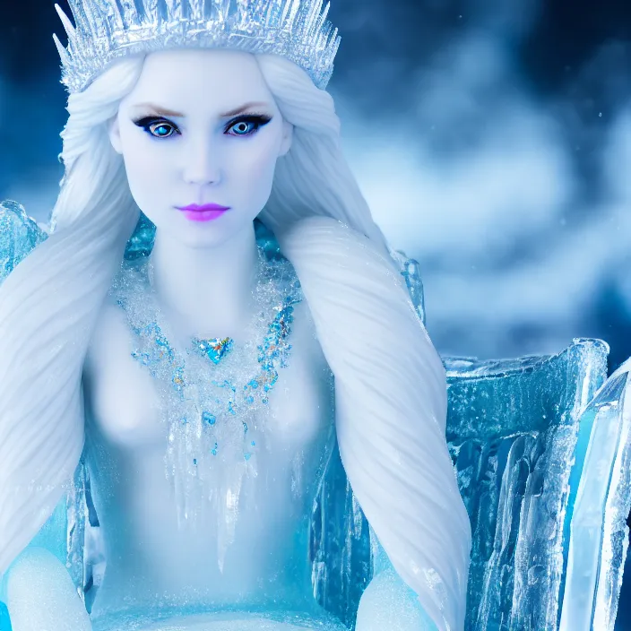 Image similar to photograph of a real-life beautiful ice queen sitting on an icy throne. Extremely detailed. 8k