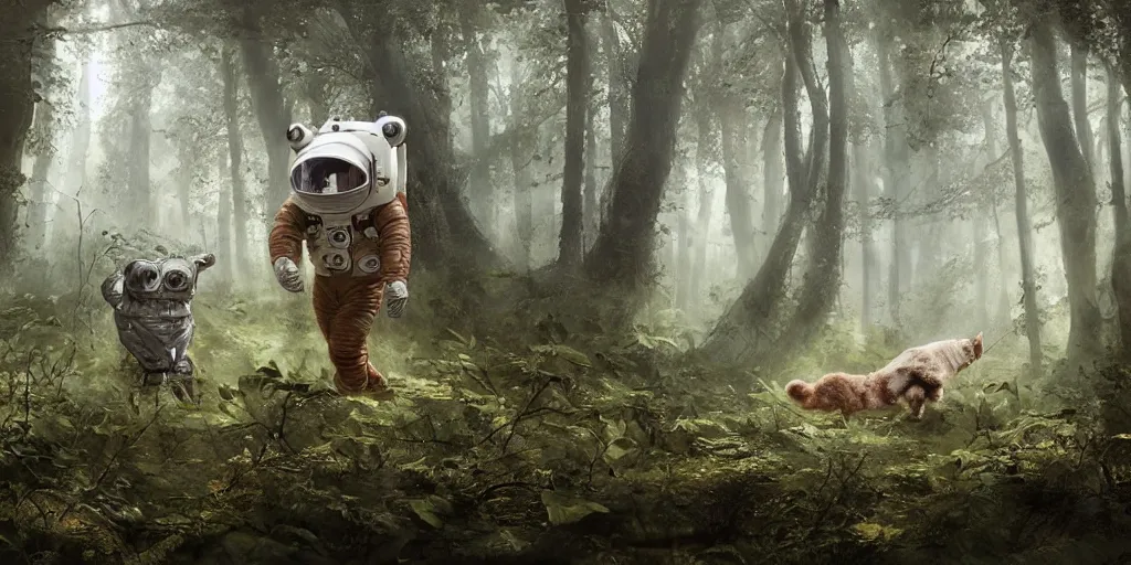 Image similar to an astronaut and a strange furry creature in a forest, a detailed matte painting by frieke janssens, featured on cgsociety, fantasy art, matte painting, reimagined by industrial light and magic, matte drawing