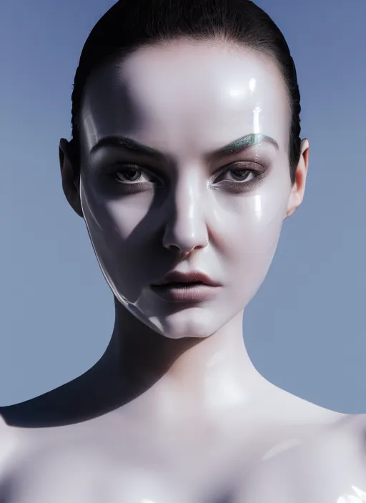 Prompt: bust of a fierce nubile young woman with reflections in her eyes and slicked hair, wearing futuristic white latex bodysuit and mask, clear skin, elegant, graceful, fashionable, cinematic, hyperdetailed illustration by irakli nadar and alexandre ferra, depth of field, global illumination,