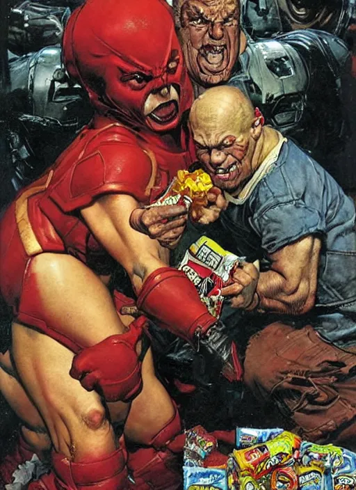 Prompt: juggernaut buys candy, by norman rockwell and jason fabok and greg staples and tom lovell and frank schoonover and dean cornwell