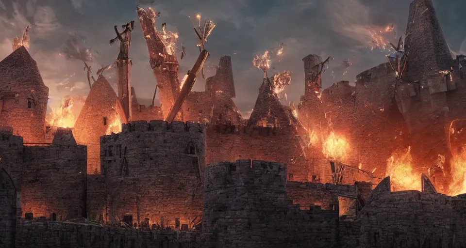 Image similar to five giant and powerful medieval trebuchets in the front, fireing on a medieval fortress far away, destroying the walls, fire and explosion, debris flying around, octane render, unreal engine