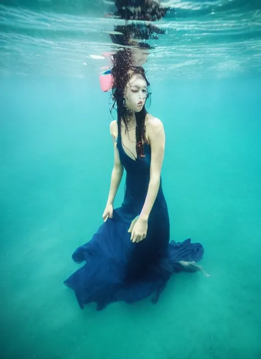 Prompt: empty long dress, floats underwater in the sea,