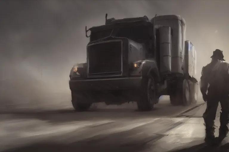 Image similar to epic concept art of an approaching truck and a man standing still. man in foreground. backlight. strong contrast. by ashley wood and j. m. w. turner, speed painting, photo bash, cinematic angle, super detailing, strong perspective, over the shoulder shot