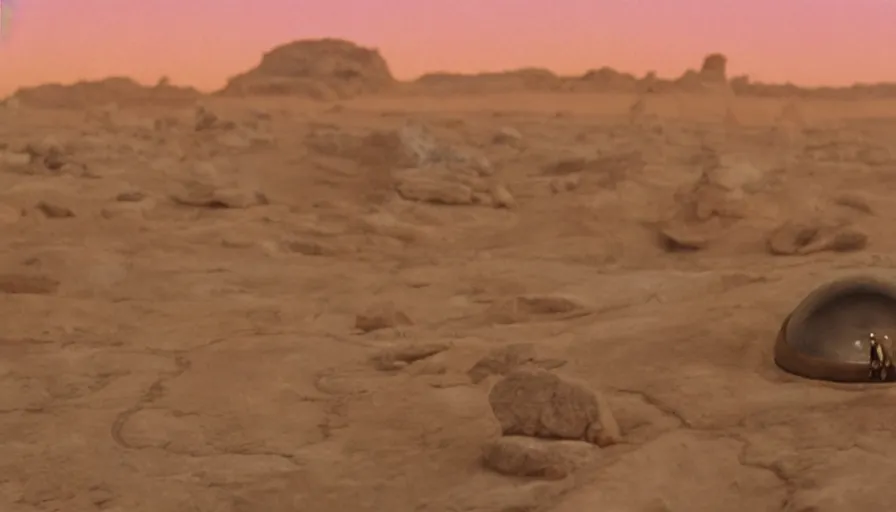 Prompt: salvador dali and bene gesserit in full - face golden glowing mask in a black rocky desert landscape with alien abandoned city beneath the sand and giant alien spaceship in the sky attacks the earth by christopher doyle and alejandro jodorowsky, anamorphic lens, kodakchrome, cinematic composition, very detailed photo, 8 k,