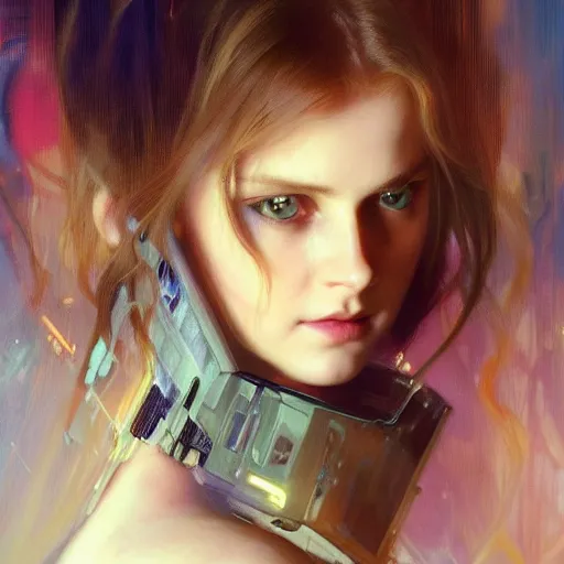 Image similar to hyperrealist portrait of a pretty young female android with large eyes and long hair standing in front of a computer simulation by jeremy mann and alphonse mucha, fantasy art, photo realistic, dynamic lighting, artstation, poster, volumetric lighting, very detailed faces, award winning