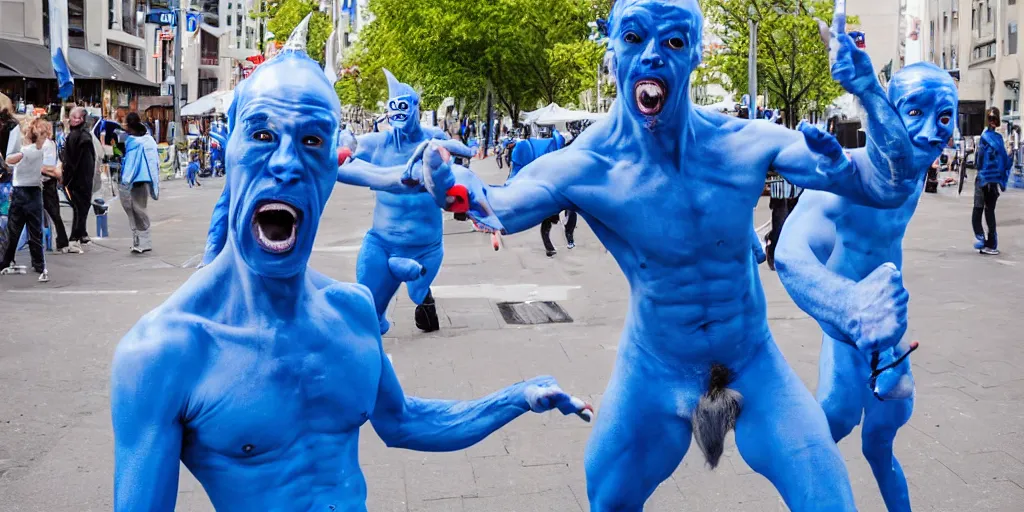 Image similar to cyclops coneheads blue men group street performers, detailed facial expressions