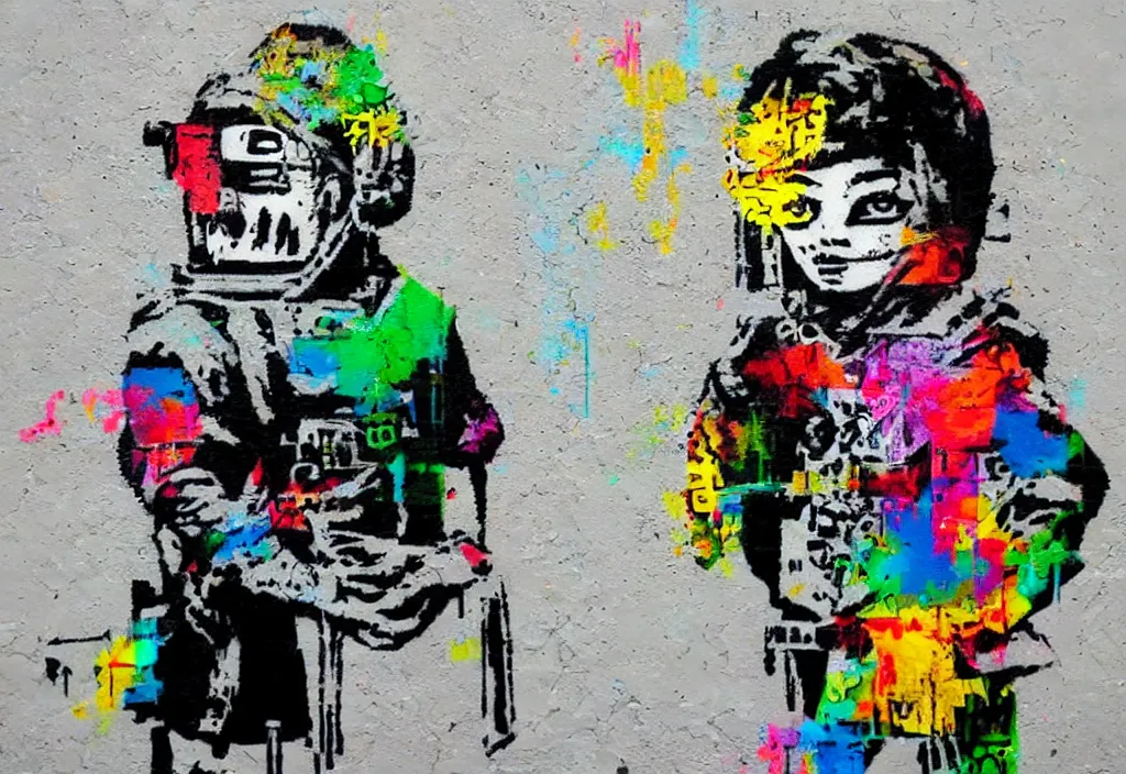 Image similar to full color banksy graffiti with statement of ai art is not art, detailed, realistic, glitch art effect