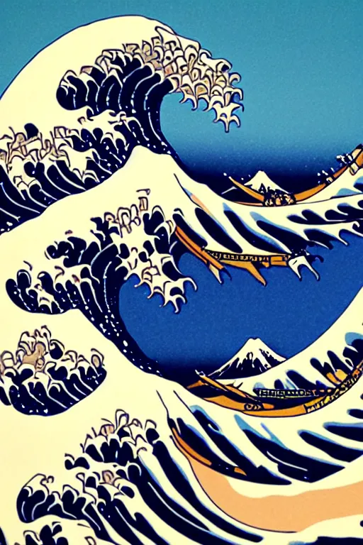 Image similar to Shepard Fairey The Great Wave off Kanagawa, sun in the background