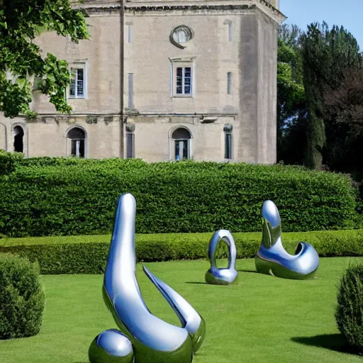 Image similar to giant Italian modern castle formal garden with a modern stainless steel organic shaped modern sculptures with mirror finish by Tony Cragg, photo by Annie Leibovitz