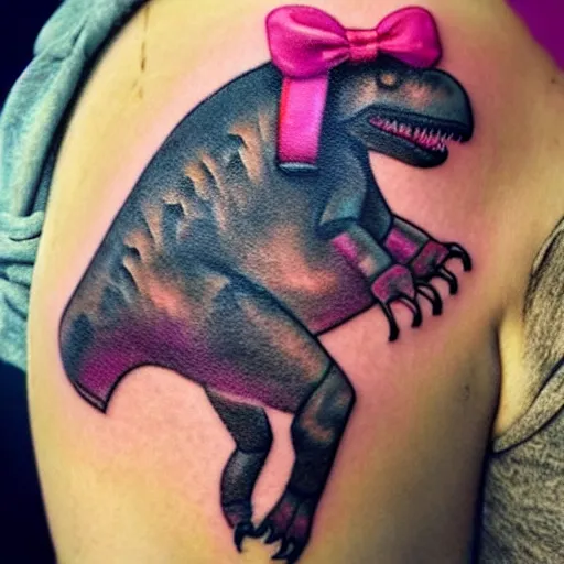 Image similar to T-Rex with princess bow tattoo