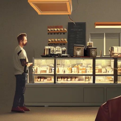 Image similar to Hyperrealistic ultradetailed matte painting of Jesse Pinkman working at a coffee shop, realistic, detailed lighting, cinematic, trending on artstation and 500px and behance