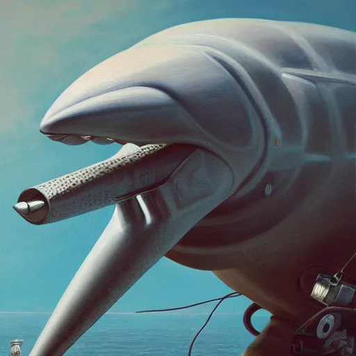 Prompt: a cachalot with a race car motor engine instead of its head. a highly detailed, photorealistic painting, an unreal creature, a cachalot, a marine creature, 8 k, cyber - punk