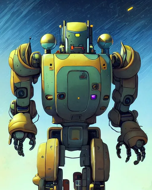 Image similar to bastion the friendly robot from overwatch, character portrait, portrait, close up, concept art, intricate details, highly detailed, vintage sci - fi poster, retro future, in the style of chris foss, rodger dean, moebius, michael whelan, and gustave dore