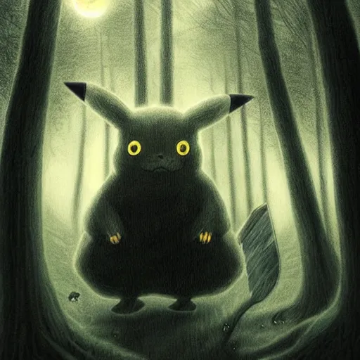 Image similar to pikachu as a cryptid in a dark ominous forest, foggy, dim lighting, artwork by andrew ferez