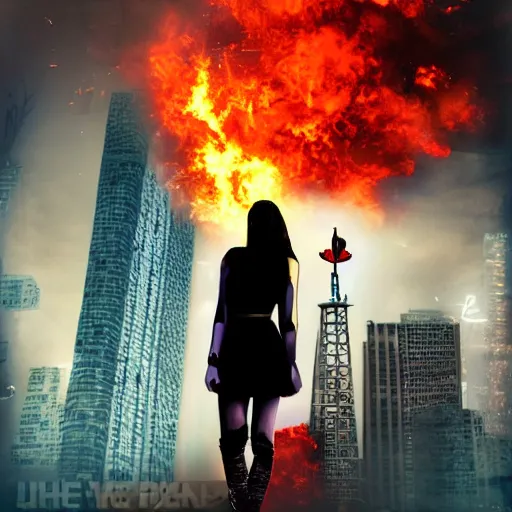 Prompt: a woman, city on fire, giant, sci - fi, award winning, photo manipulation, collage