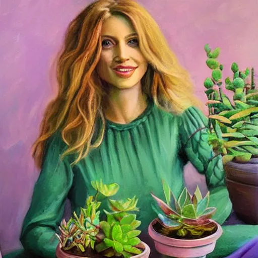 Prompt: painting by Tony Sart of a beautiful blonde woman with shoulder length hair in a forest green dress putting colorful succulents into rainbow pots at a square table