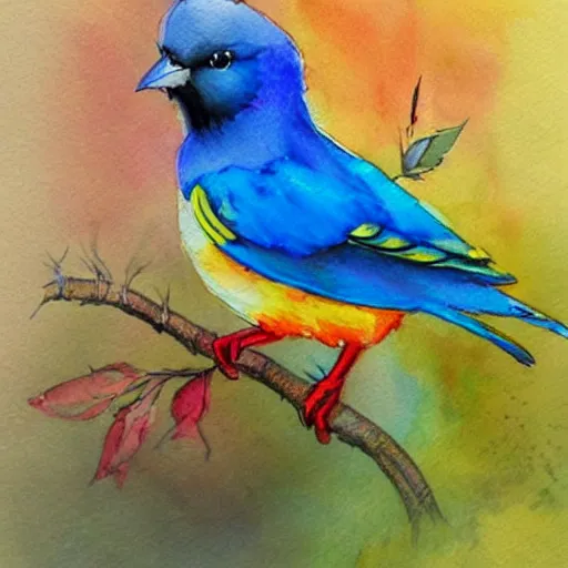 Image similar to a beautiful adorable fantasy whimsical watercolor painting of a blue bird, a red bird and a yellow bird, bright blue sky, Disney concept art, trending on artstation hq, contest winner