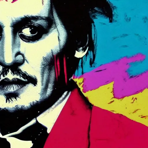 Image similar to johnny depp in a suit and tie with a creepy face, a screenprint by warhol, reddit contest winner, antipodeans, hellish, anaglyph filter, hellish background