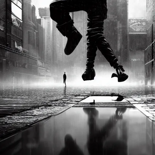 Image similar to a highly detailed epic cinematic black and white cyberpunk painting artwork inspired by Henri Cartier-Bresson's Behind Gare Saint-Lazare, man jumping over a puddle of water. World Press Photo winner, enhanced and corrected in Photoshop, octane render, excellent composition, cinematic atmosphere, dynamic dramatic cinematic lighting, aesthetic, very inspirational, arthouse