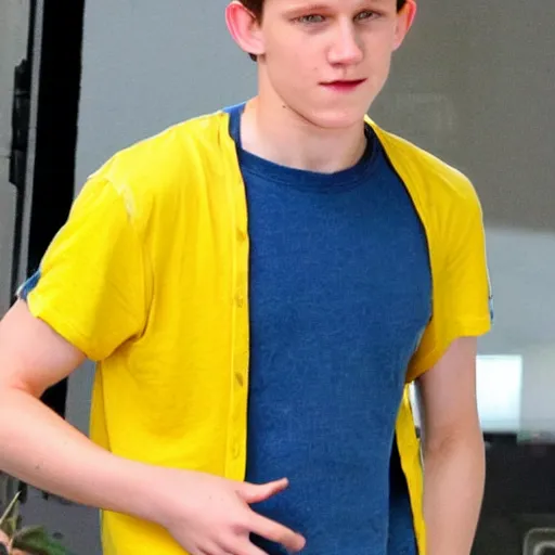 Prompt: tom holland wearing a yellow t shirt and blue jeans