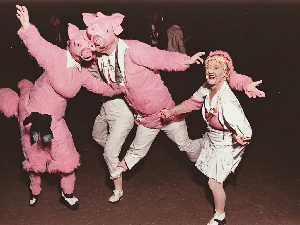 Prompt: a couple of grandparents of 1 0 0 years old wearing pig costume and dancing, extreme long shot, kodachrome, backlight, add a glow around subj. edge, in twin peaks, 1 9 9 0 s