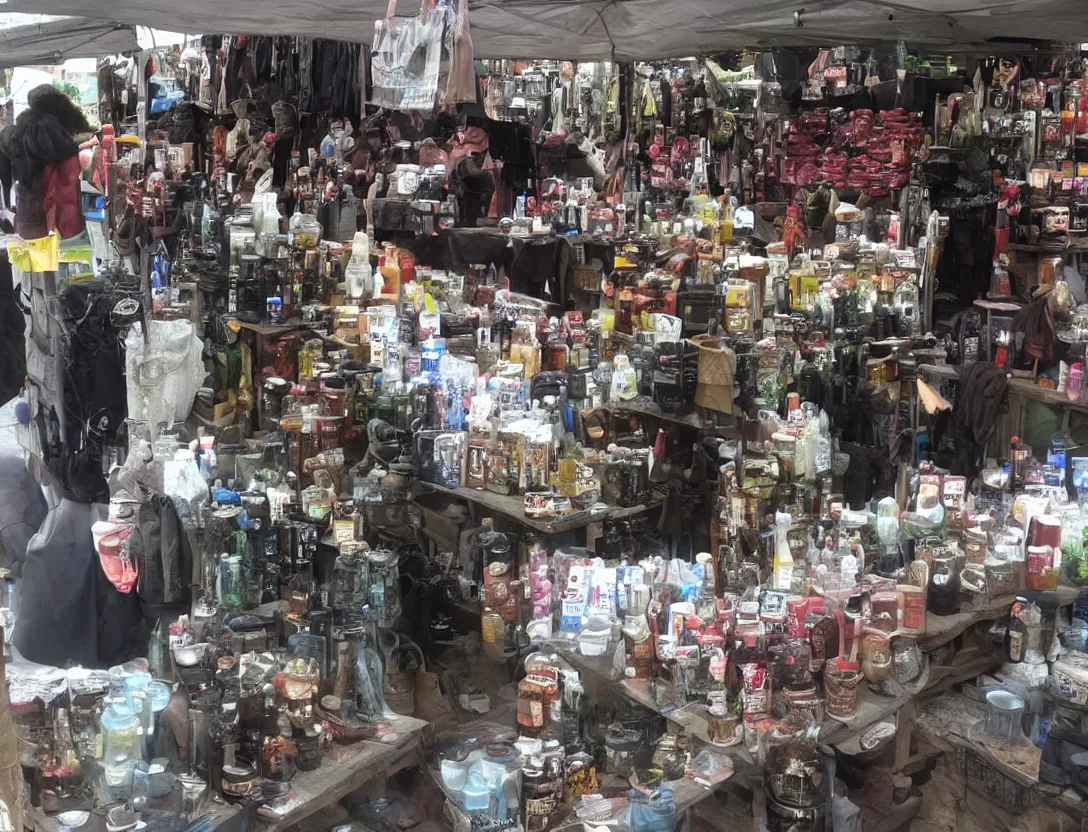 Prompt: market stall in Mordor. An orc selling dark toiletries and body parts