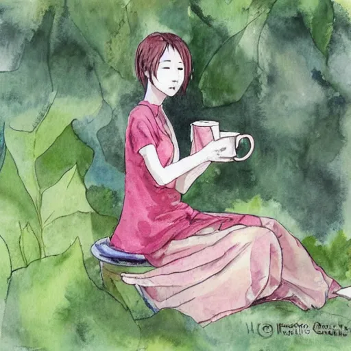 Image similar to hanako tanaka drinking coffee in the garden. watercolor by the award - winning comic artist