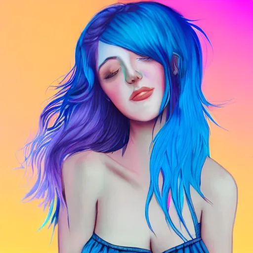 Prompt: girl with blue hair, lesbian cottagecore, pink gradient background, trending on artstation