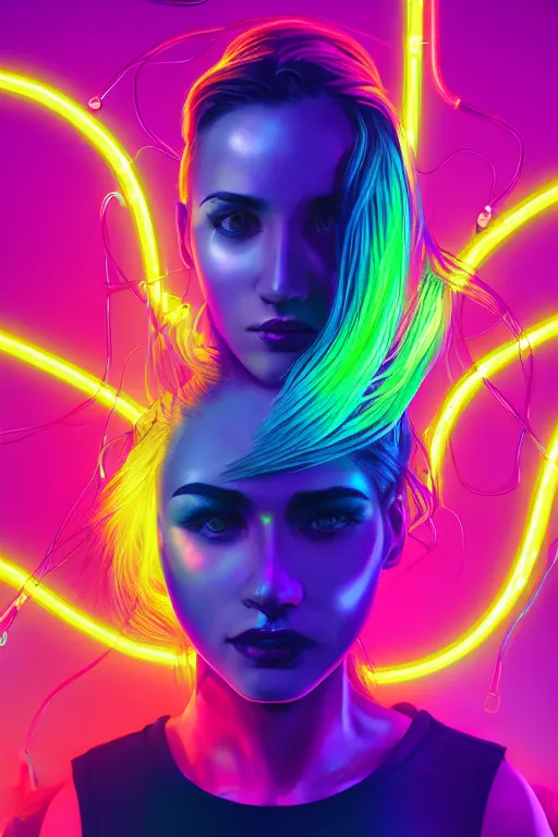 Image similar to a award winning half body portrait of a beautiful woman with stunning eyes in a croptop and cargo pants with rainbow colored ombre hairstyle head in motion and hair flying by thomas danthony, surrounded by whirling illuminated neon lines, outrun, vaporware, shaded flat illustration, digital art, trending on artstation, highly detailed, fine detail, intricate