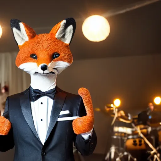 Prompt: Professional photograph of an anthropomorphic male fox wearing a fancy tuxedo, handsome eyes and a charismatic smile, hosting a show at a cabaret