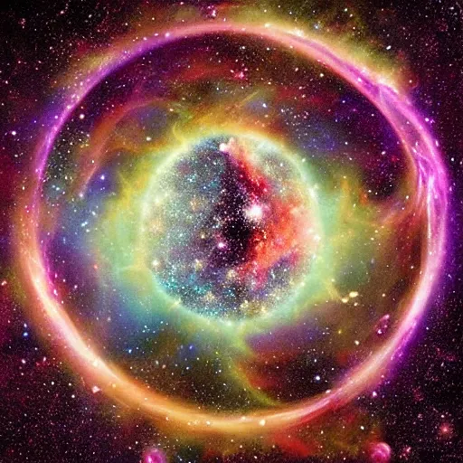 Prompt: Glowing Cosmic Nebula Sigil of Creative Ascension by Thomas Kinkaid. Circular. Occult. Fantasy.