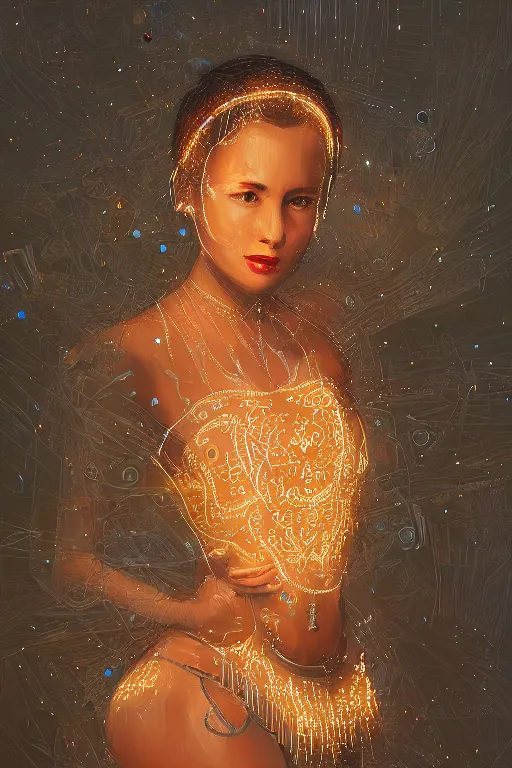 Image similar to portrait of cuban woman with skirt made out of bananas, dancing, intricate, elegant, glowing lights, highly detailed, digital painting, artstation, sharp focus, illustration, art by wlop, mars ravelo and greg rutkowski