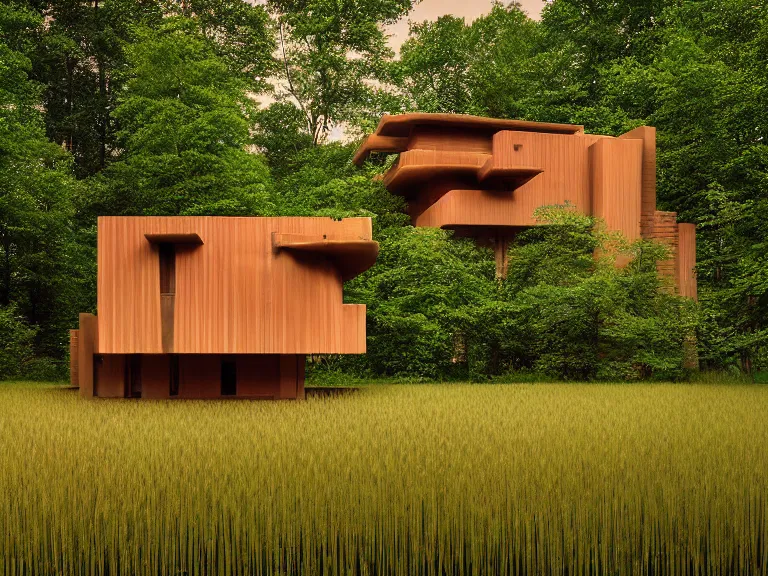 Image similar to hyperrealism design by frank lloyd wright and kenzo tange photography of beautiful detailed small house with many details around the forest in small detailed ukrainian village designed by taras shevchenko and wes anderson and caravaggio, wheat field behind the house, volumetric natural light