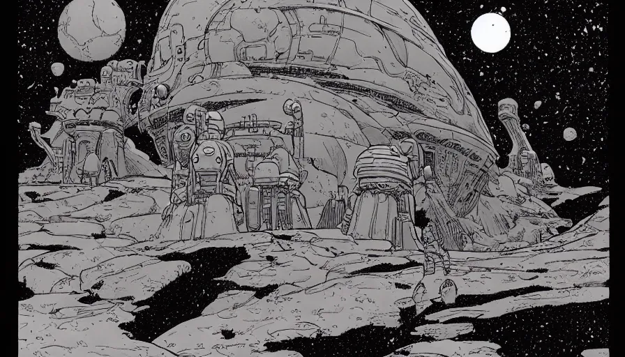 Image similar to mysterious alien outpost on a distant planet in style of moebius and charles vess, very detailed, clean lines, atmospheric, vivid, wide angle